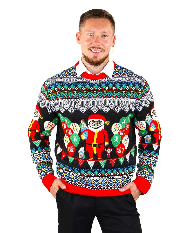 Christmas Holiday Excitement SOCAL LOOK Ugly Christmas Sweater for Men, Multicolor Long Sleeve Funny and Festive Santa Holiday Xmas Pullover