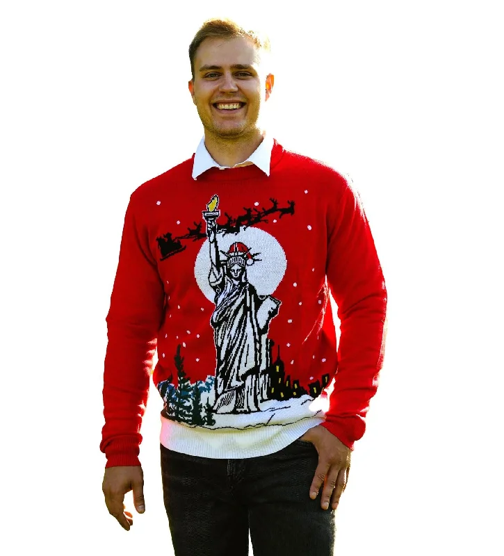 Christmas Handmade Decorations SOCAL LOOK Ugly Christmas Sweater for Men, Red Color Long Sleeve Xmas Jumper Funny Festive Liberty Holiday Pullover