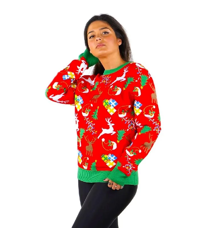 Christmas Star Decoration SOCAL LOOK Ugly Christmas Sweater for Women, Red Color Long Sleeve Cute Xmas Jumper Festive Reindeer Holiday Pullover