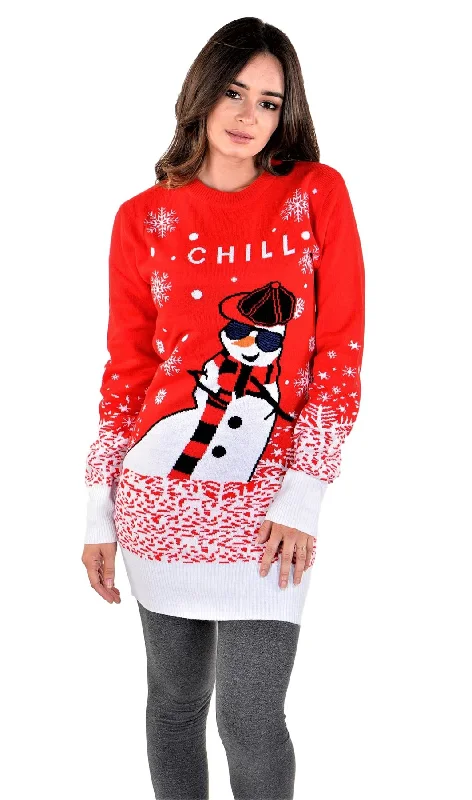 Christmas Morning SOCAL LOOK Women Ugly Christmas Sweater Dress, Red Color Long Sleeve Xmas Jumper Funny and Festive Chill Snowman Holiday Pullover