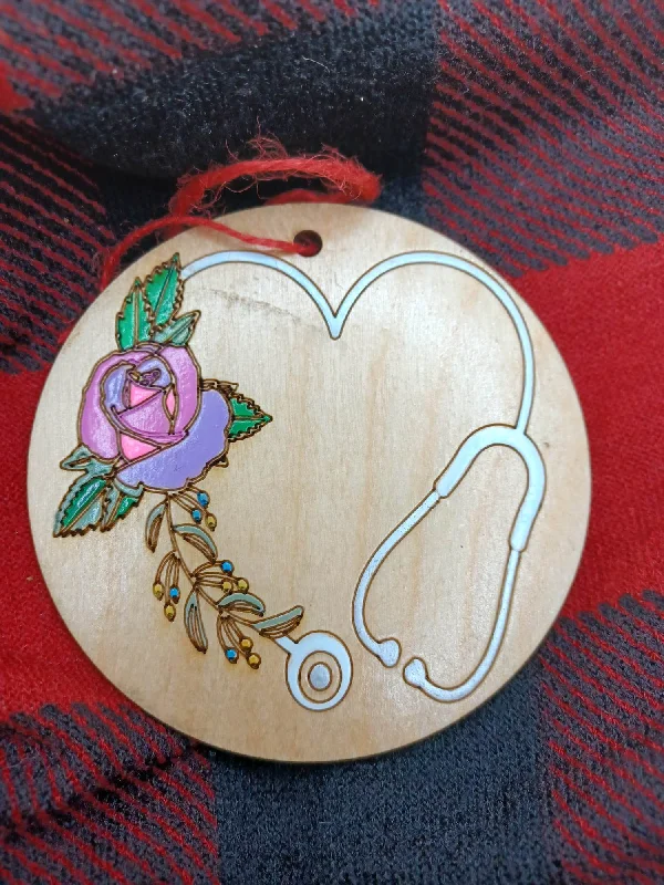 Christmas Dinner Stethoscope w/ Purple Flower Wooden & Acrylic Ornament