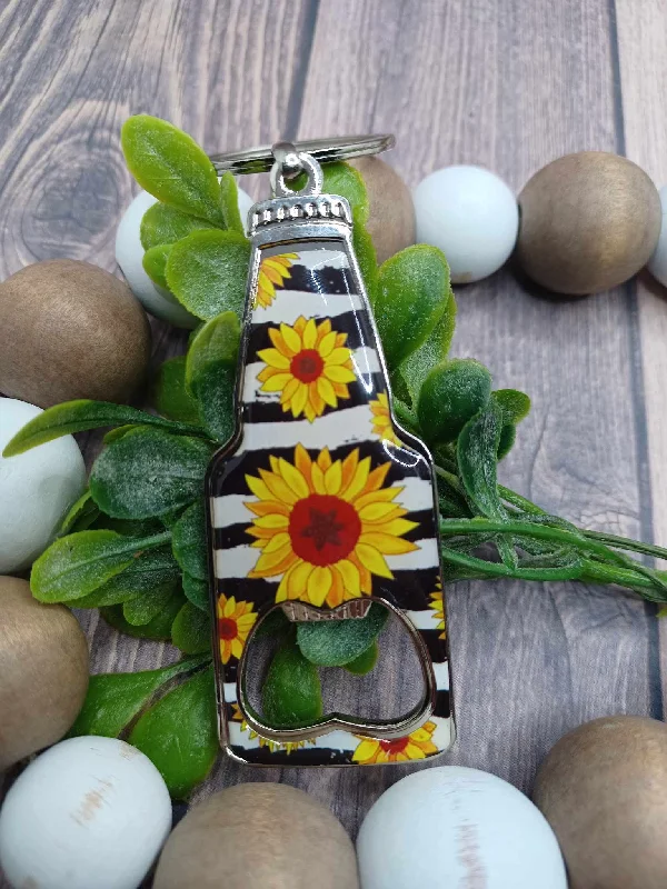 Christmas Red And Green Sunflower Patterned Bottle Opener Keychain w/ Striped Backround Christmas Red And Green Sunflower Patterned Bottle Opener Keychain w/ Striped Backround