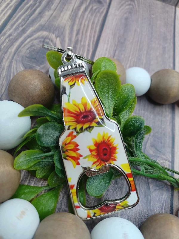 Christmas Tree Shopping Sunflower Patterned Bottle Opener Keychain w/ White Backround - Flowy Christmas Tree Shopping Sunflower Patterned Bottle Opener Keychain w/ White Backround - Flowy