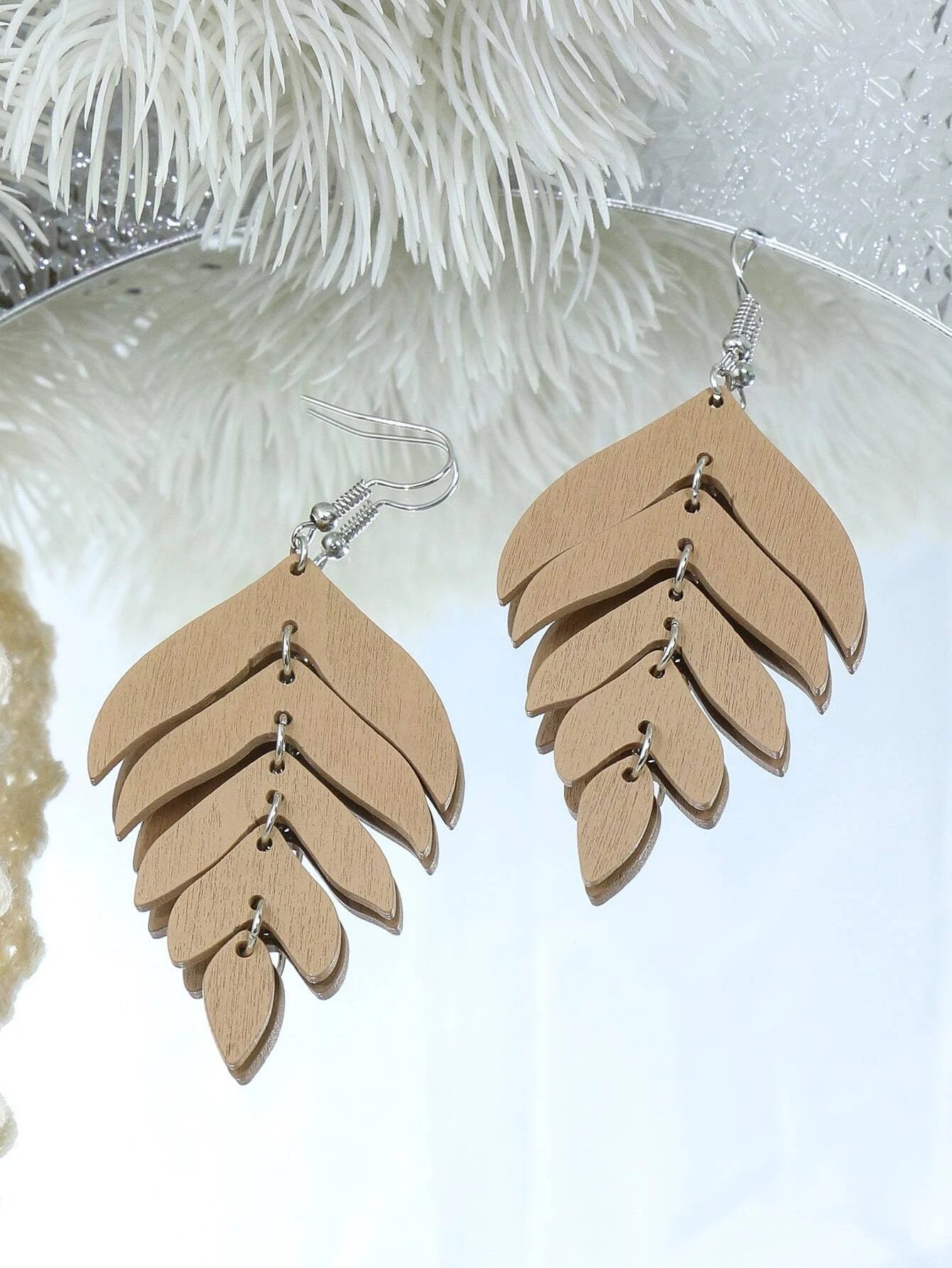 Christmas Snowman Tan Wooden Drop Style Leaf Earrings