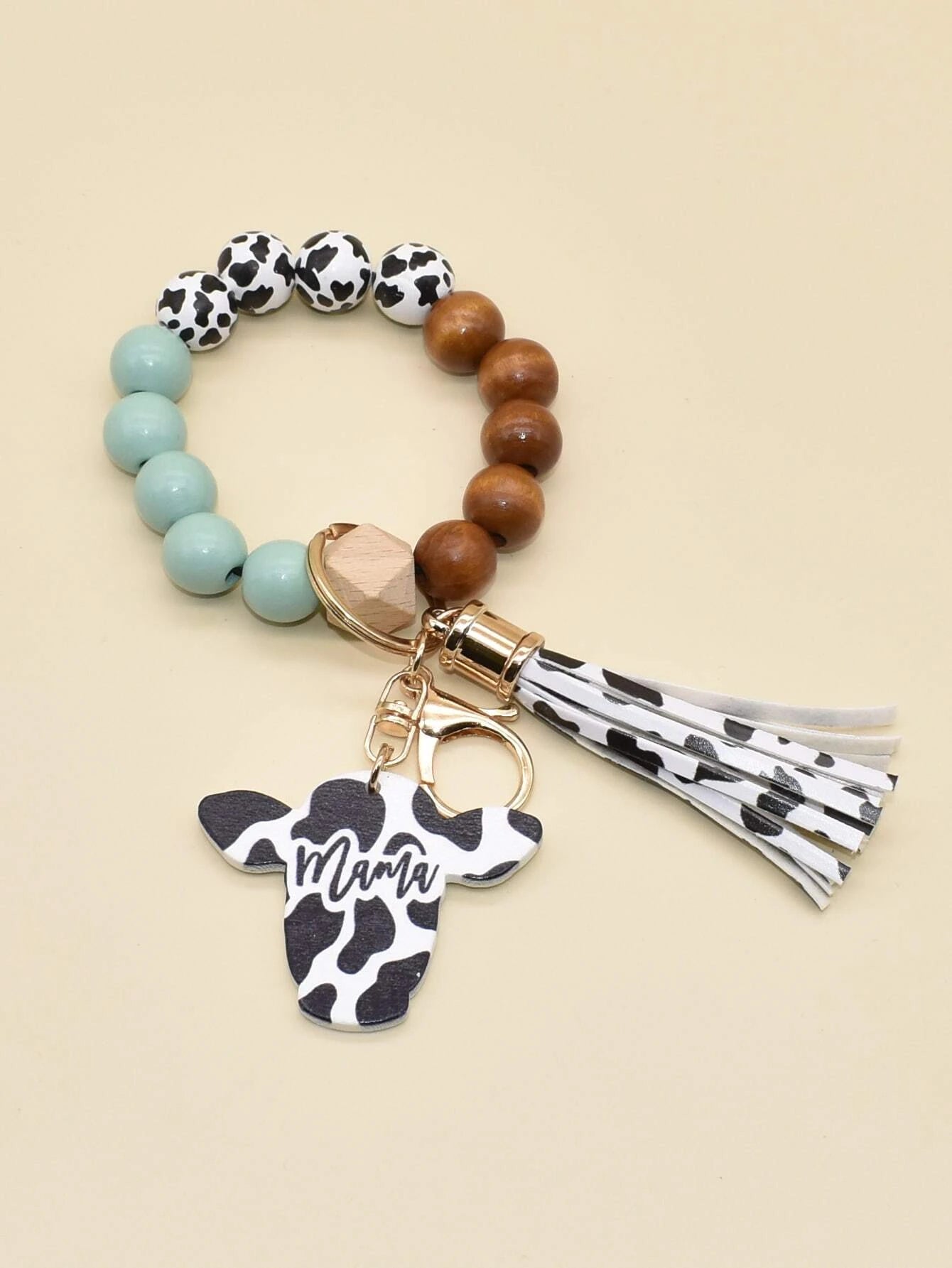 Christmas Fireplace Mantel Teal & Black Beaded Cow Wristlet w/ Tassel