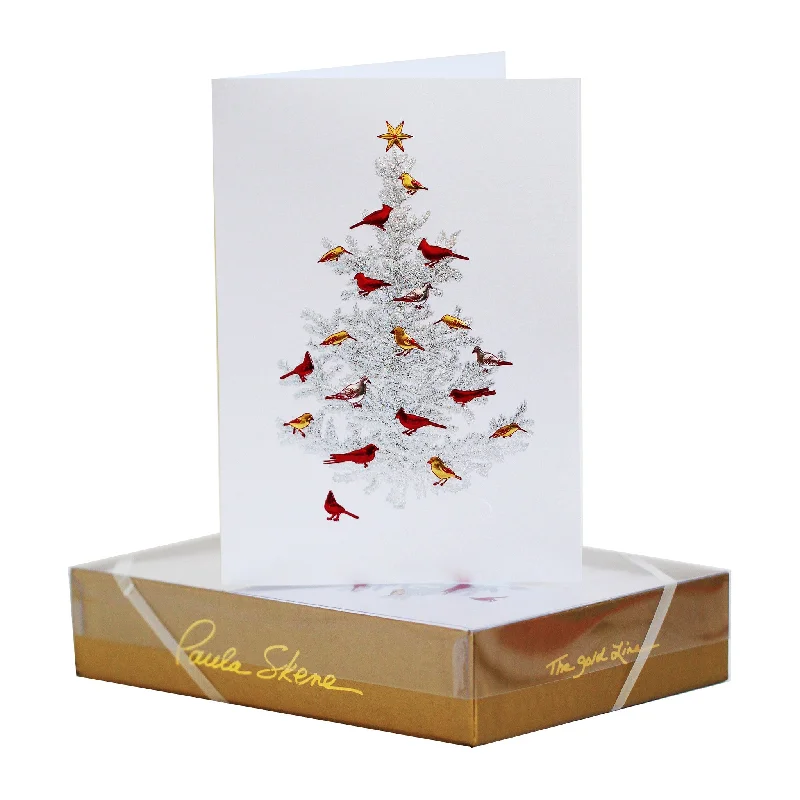Christmas Party Snowy Tree with Birds Holiday Cards, Set of 8