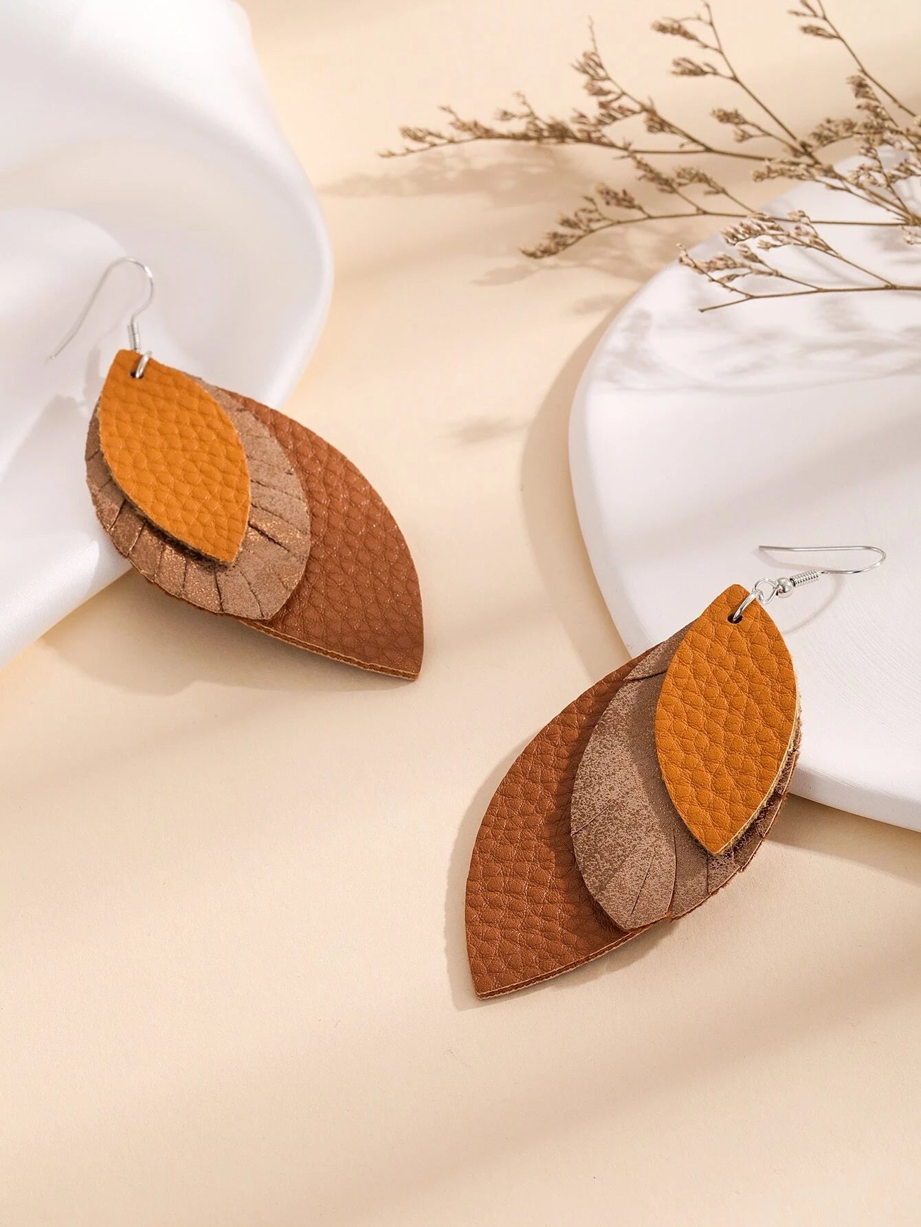 Christmas Candy Canes Triple Layered Leather Style Leaf Earrings