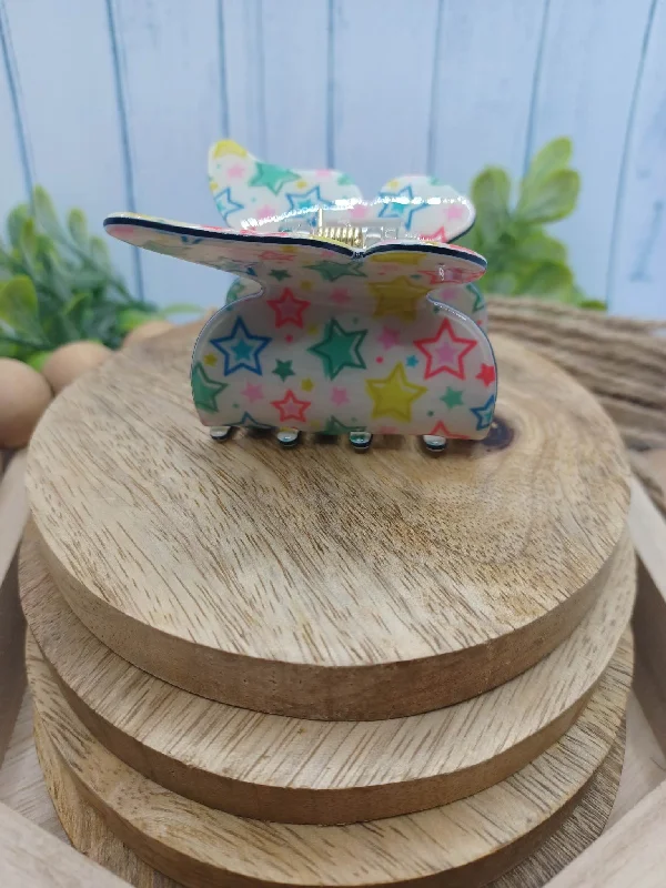 Holiday Treats White Butterfly Hair Claw Clip w/ Multicolored Neon Stars