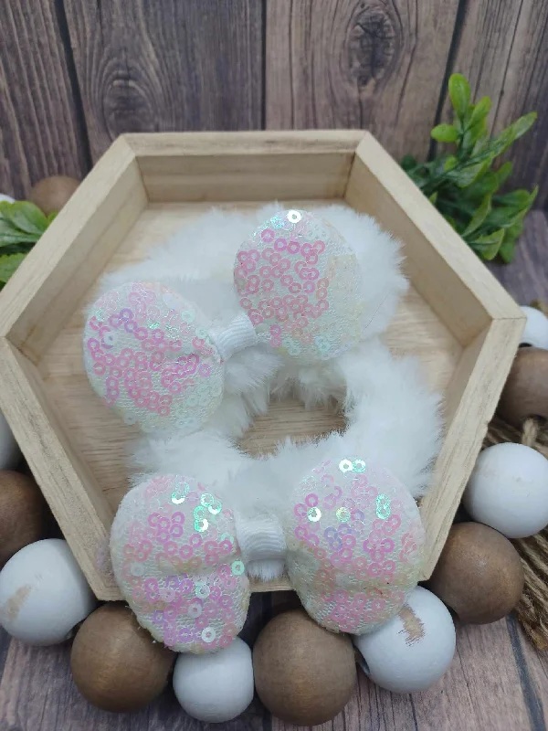 Christmas Snowfall White Fuzzy Glitter Bow Scrunchie Set