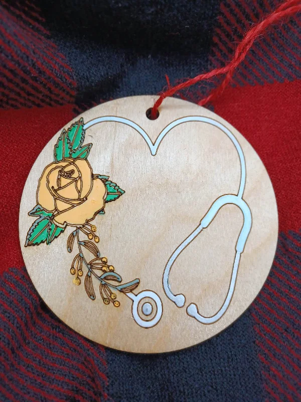 Christmas Fireplace White Stethoscope w/ Orange Flower Wooden & Acrylic Ornament