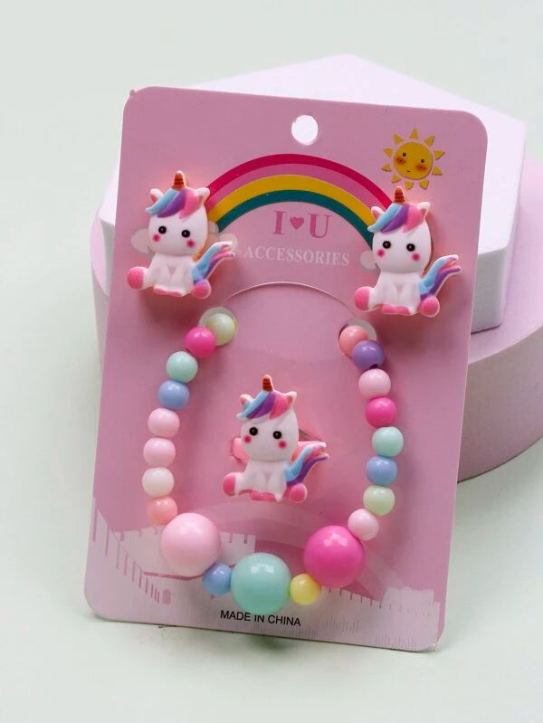 Christmas Holiday Songs White Unicorn Bracelet, Earrings, & Ring Set