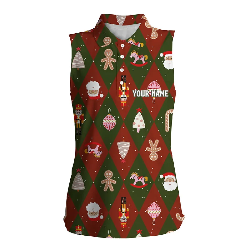Festive Christmas Icons Womens Sleeveless Polo Shirt Red Green Argyle Golf Shirts For Women Golf Gift LDT0663 Festive Christmas Icons Womens Sleeveless Polo Shirt Red Green Argyle Golf Shirts For Women Golf Gift LDT0663