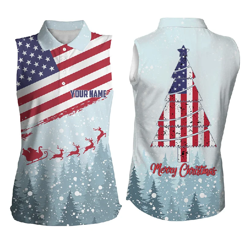 Christmas Usa Flag Womens Sleeveless Polo Shirt Custom Winter Forest Patriotic Golf Shirts For Women LDT0670 Christmas Usa Flag Womens Sleeveless Polo Shirt Custom Winter Forest Patriotic Golf Shirts For Women LDT0670