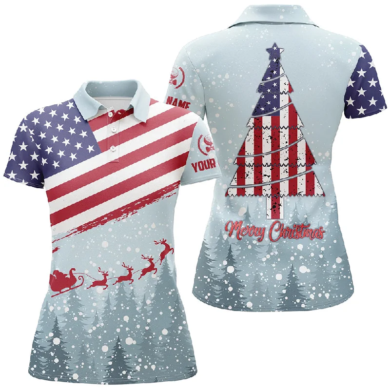 Merry Christmas Usa Flag Golf Polo Shirt Custom Winter Forest Patriotic Golf Shirts For Women LDT0670 Merry Christmas Usa Flag Golf Polo Shirt Custom Winter Forest Patriotic Golf Shirts For Women LDT0670