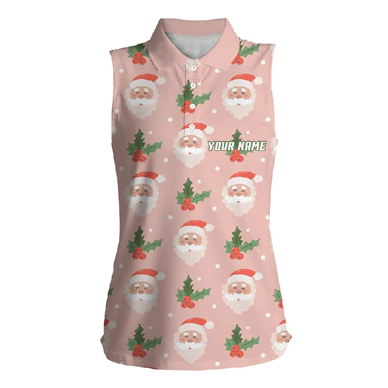Santa With Holly On Pink Womens Sleeveless Polo Shirt Custom Cute Golf Shirts For Women Golf Gifts LDT0677 Santa With Holly On Pink Womens Sleeveless Polo Shirt Custom Cute Golf Shirts For Women Golf Gifts LDT0677