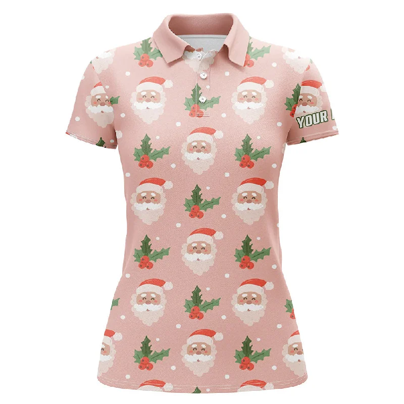 Santa With Holly On Pink Womens Golf Polo Shirt Custom Cute Golf Shirts For Women Golf Gifts LDT0677 Santa With Holly On Pink Womens Golf Polo Shirt Custom Cute Golf Shirts For Women Golf Gifts LDT0677
