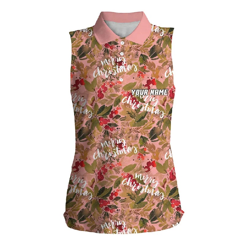 Watercolor Merry Christmas Pink Womens Sleeveless Polo Shirt Custom Golf Shirt For Women Golf Gifts LDT0678 Watercolor Merry Christmas Pink Womens Sleeveless Polo Shirt Custom Golf Shirt For Women Golf Gifts LDT0678