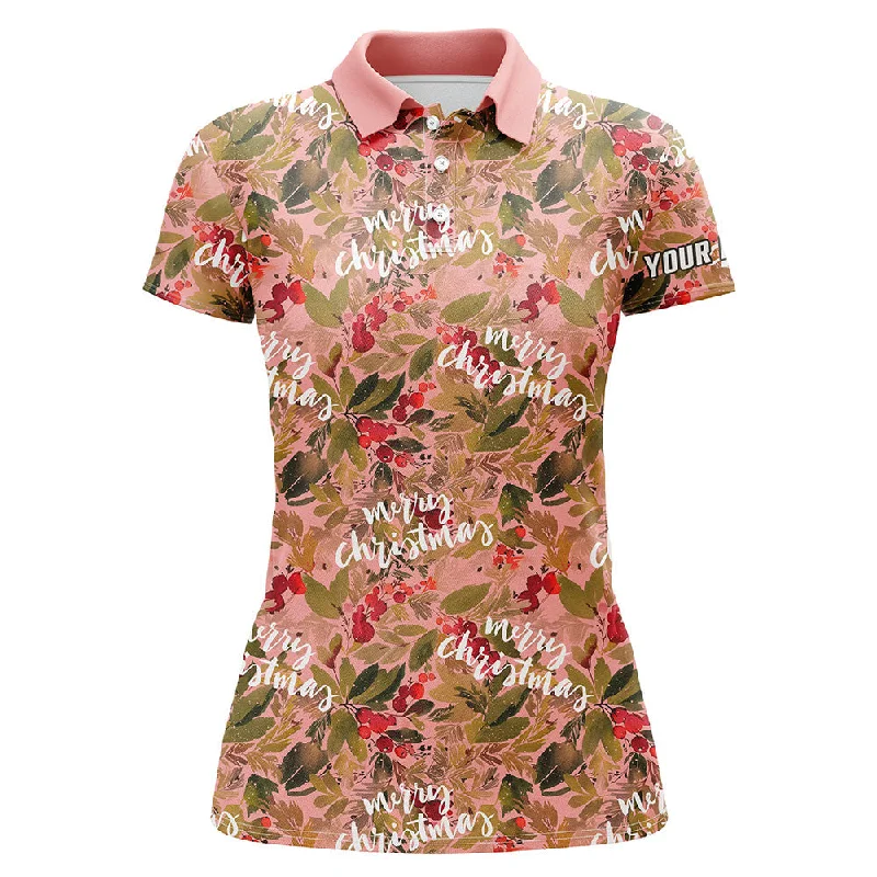 Watercolor Merry Christmas Pink Womens Golf Polo Shirt Custom Golf Shirt For Women Golf Gifts LDT0678 Watercolor Merry Christmas Pink Womens Golf Polo Shirt Custom Golf Shirt For Women Golf Gifts LDT0678