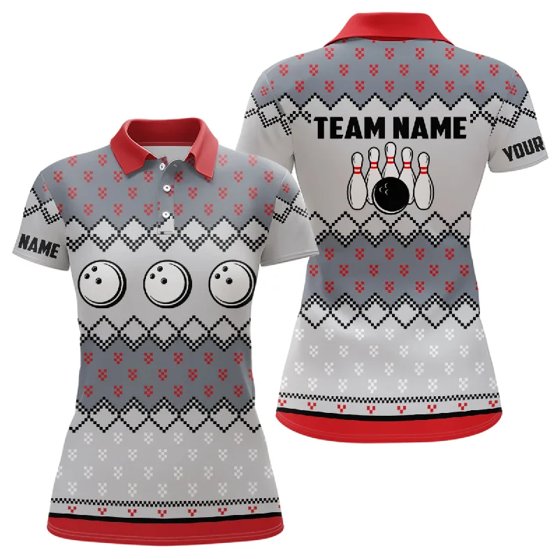Womens Bowling Polo Shirts Custom ugly Christmas pattern Bowling ball pins team Ladies Jersey NQS6727 Womens Bowling Polo Shirts Custom ugly Christmas pattern Bowling ball pins team Ladies Jersey NQS6727