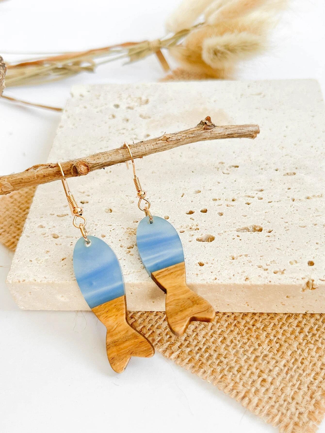 Christmas Holiday Countdown Wooden & Blue Fish Earrings