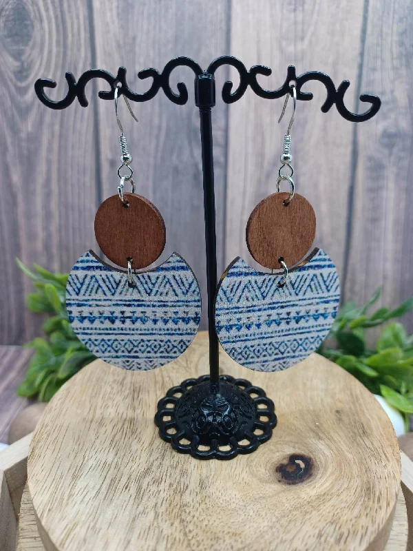 Christmas Santa Sleigh Wooden Blue & White Patterned Earrings