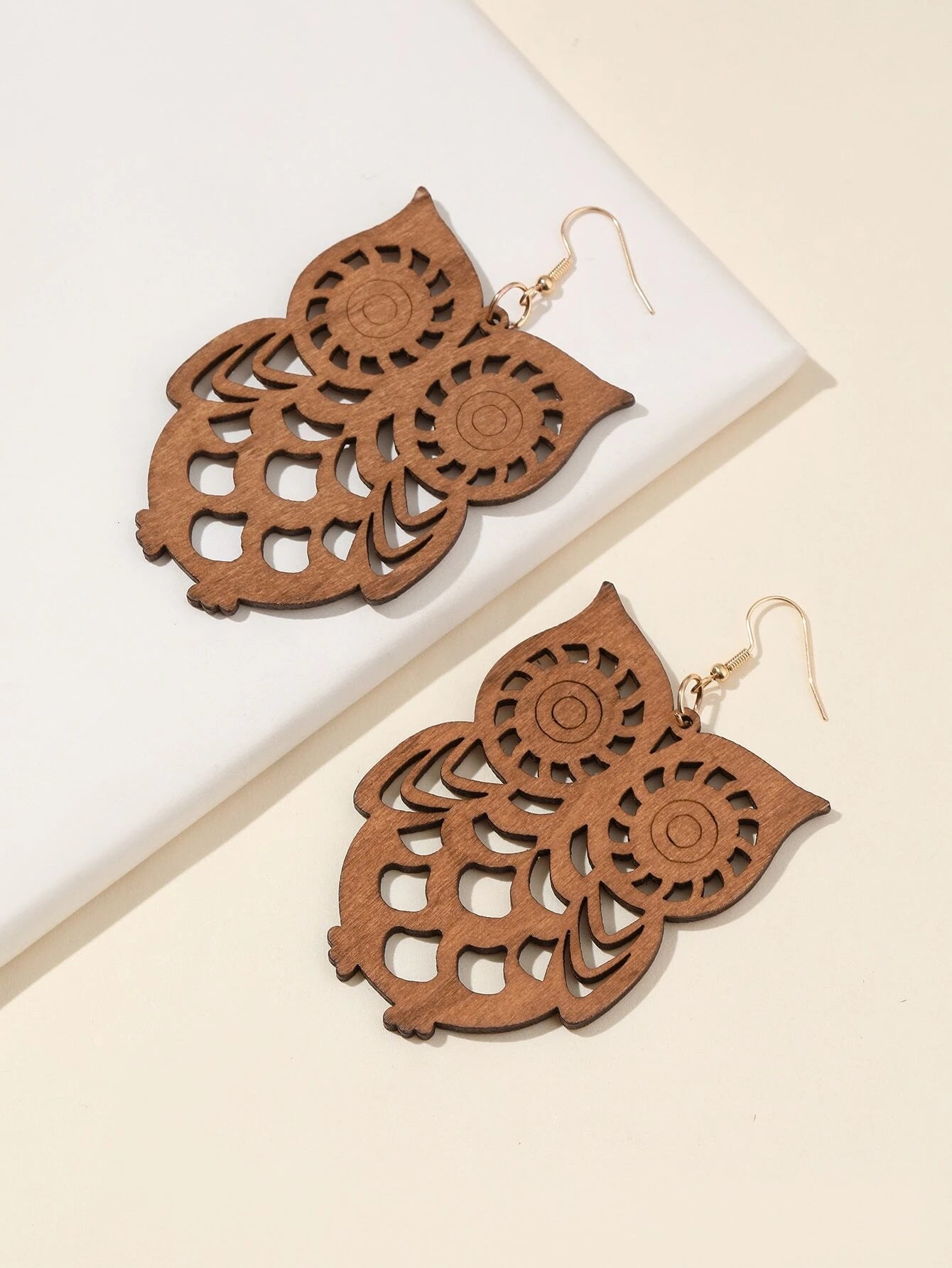 Christmas Red And Green Wooden Cutout Owl Earrings