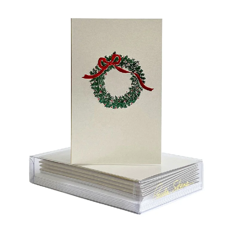 Christmas Caroling Green Wreath with Red Bow Mini Note Cards, Set of 8