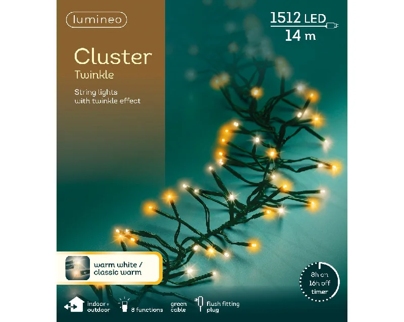 Christmas Lights 1512 Warm White / Classic Warm LED Outdoor Cluster Twinkle Effect Lights 13.5m Green Cable by Lumineo Christmas Lights 1512 Warm White / Classic Warm LED Outdoor Cluster Twinkle Effect Lights 13.5m Green Cable by Lumineo
