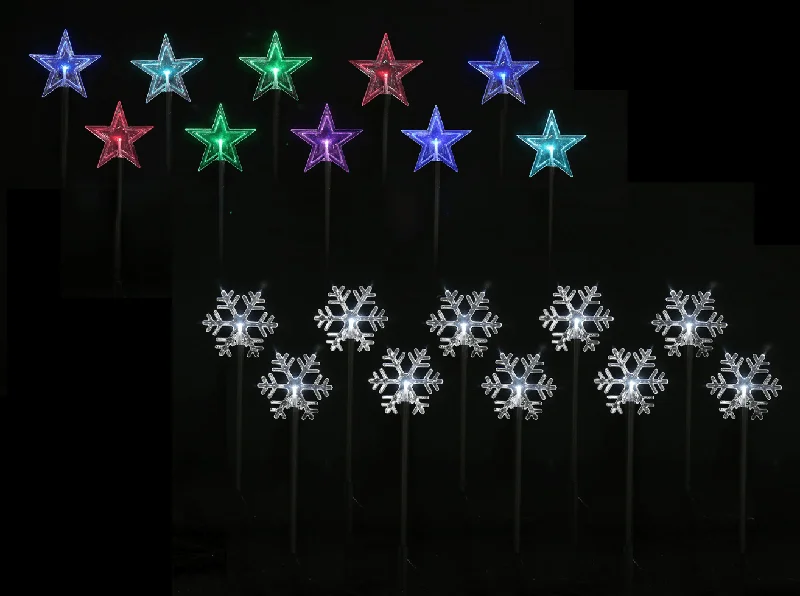 Christmas Holiday Stories LED Battery Multicolour Snowflakes/ White Stars Stakes with Timer (5pc) Christmas Holiday Stories LED Battery Multicolour Snowflakes/ White Stars Stakes with Timer (5pc)