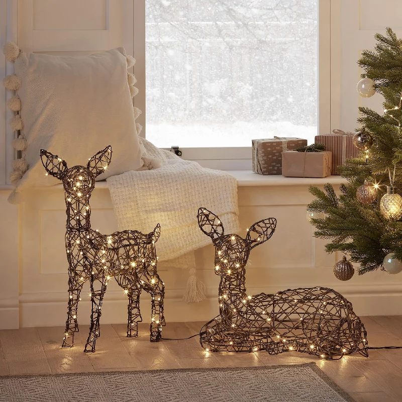 Christmas Centerpiece 36cm Studley Rattan Fawn Light Up Reindeer Duo