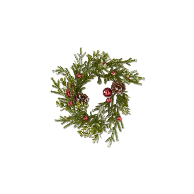 Christmas Magical Moments 10 Inch Red Bell & Pinecone Snowy Leaf Candle Ring