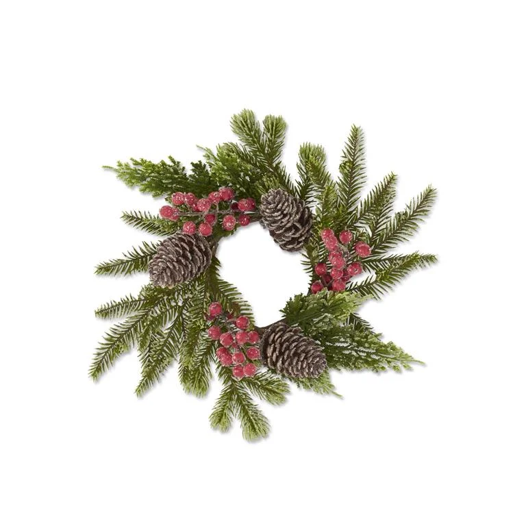 Christmas Santa Hat 13 Inch Glittered Icy Mixed Pine Candle Ring