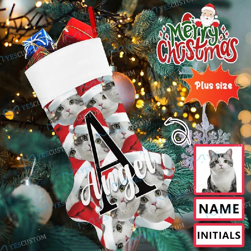 Christmas Cheer 16.6in(L) Plus Size-Custom Seamless Face Red Hat&Name Socks Paw Christmas Stocking Holiday Decor Gifts