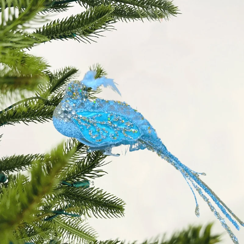 Christmas Wreath Cardinal Blue Glitter Bird Ornament Clip-On