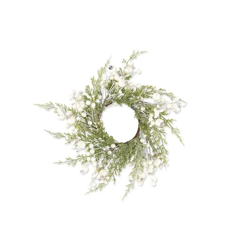 Christmas Home Decor 17 Inch Snowy Cypress Pine Candle Ring w/Pearls