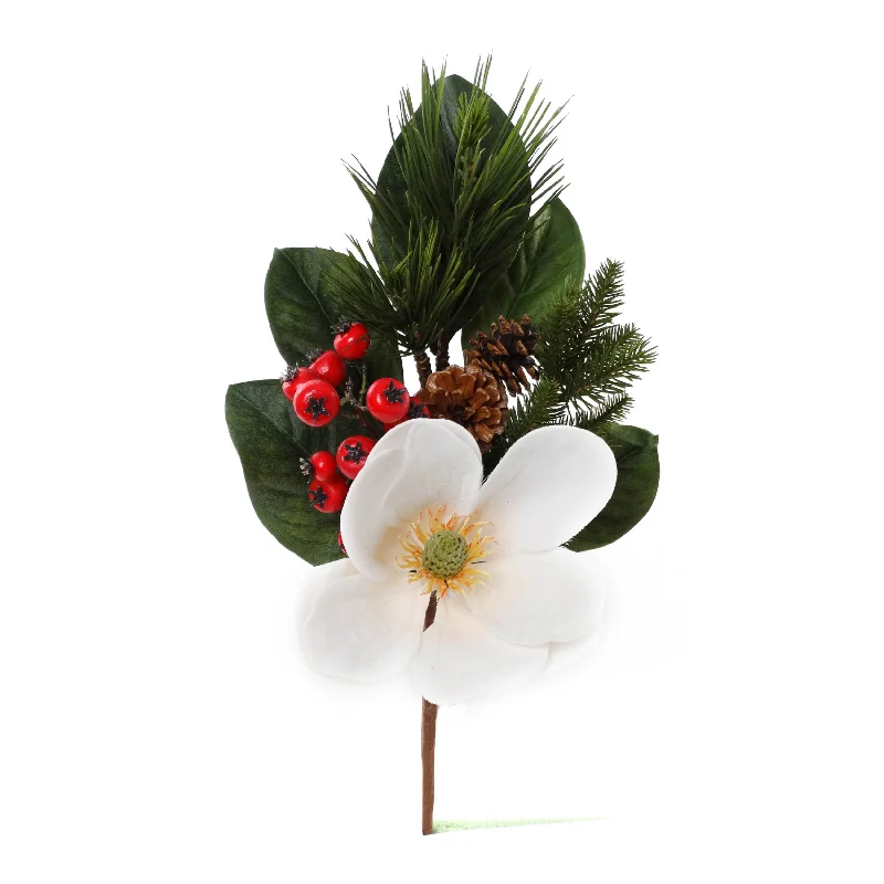 Christmas Cinnamon Scent 17" Magnolia Pick with Pine Cones & Red Berries 2024 Christmas Collection