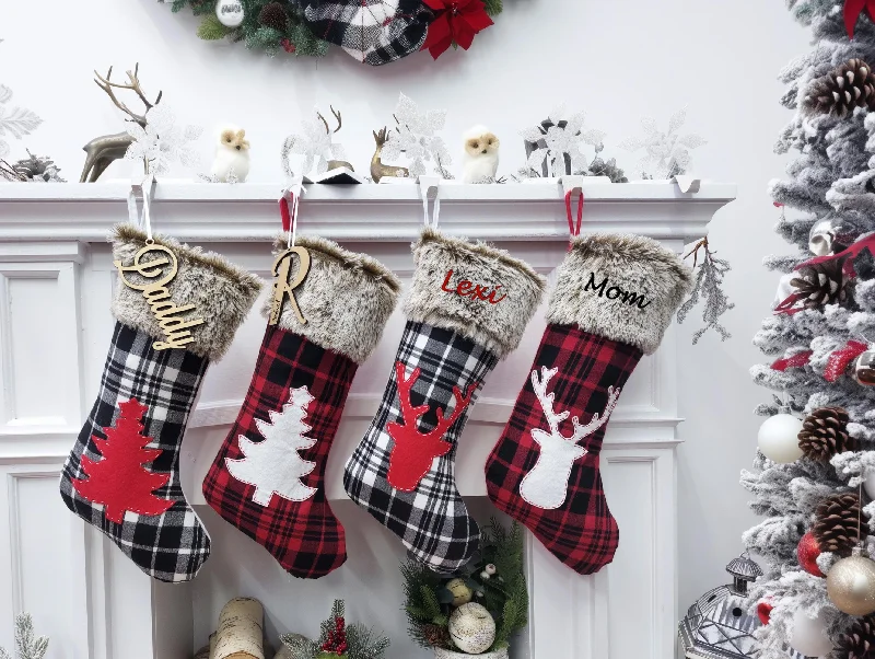 Christmas Pajamas 19" Buffalo Plaid Christmas Stockings with Faux Fur Cuff | Woodland Deer Tree Red Black Rustic Farmhouse Lodge Personalized Name Tag Wood Christmas Pajamas 19" Buffalo Plaid Christmas Stockings with Faux Fur Cuff | Woodland Deer Tree Red Black Rustic Farmhouse Lodge Personalized Name Tag Wood