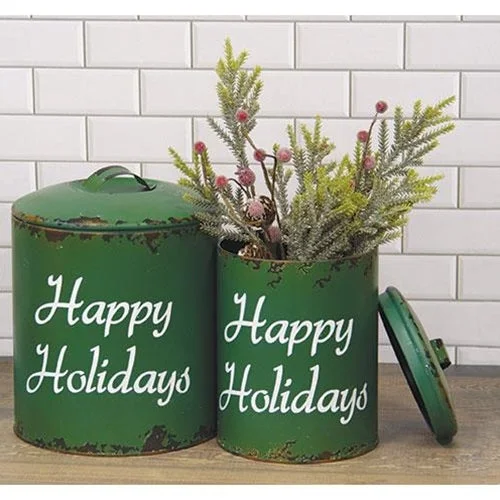 Christmas Countdown 2/Set, Distressed Green Metal "Happy Holidays" Containers