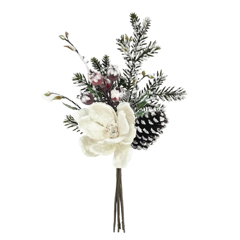 Christmas Cozy Ambience 20" Snow Magnolia Bouquet with Red Berries