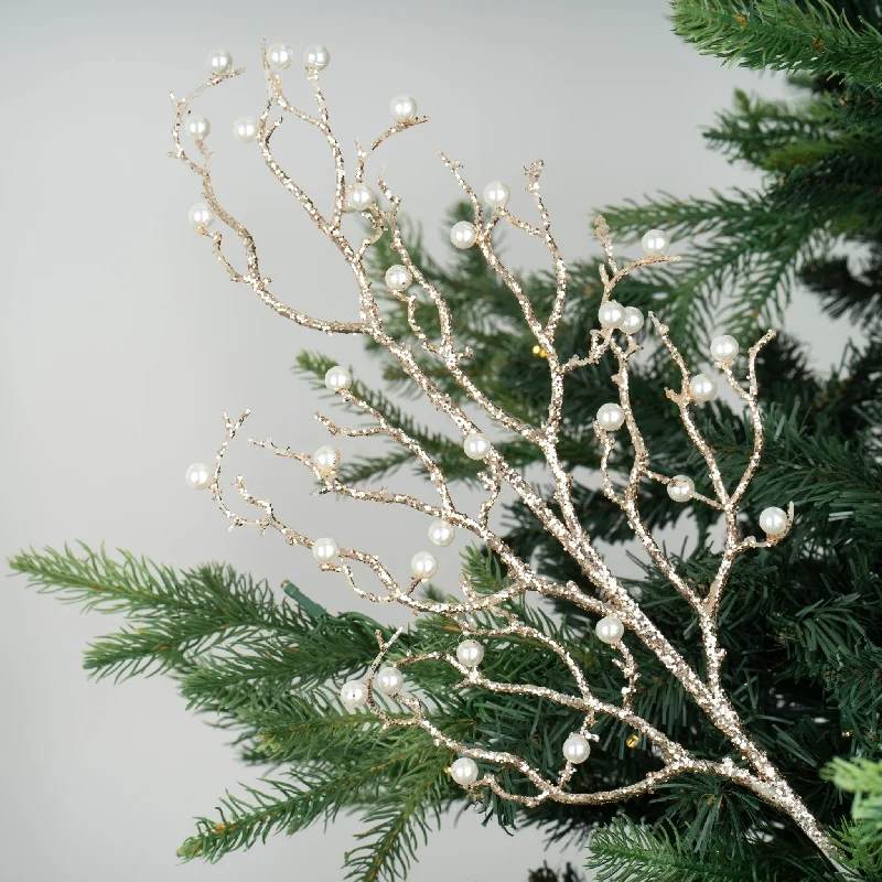Christmas Happy Moments Gold Glitter & Pearl Bead Studded Tree Pick