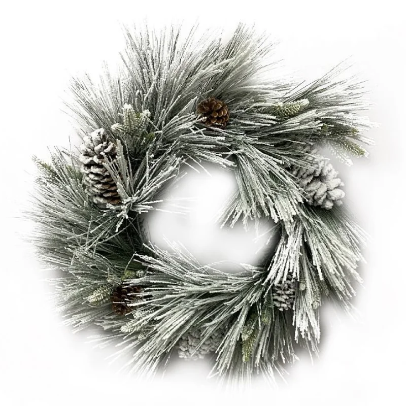 Christmas Wrapping Flocked Long Needle Pine Wreath, 24"