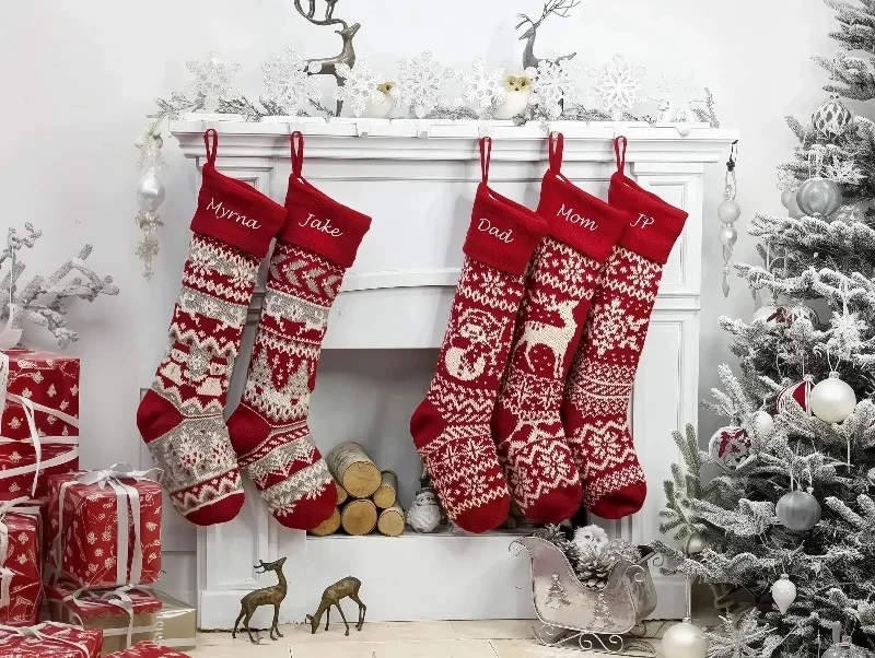 Christmas Party 28" Personalized Knit Christmas Stockings | XL Fair Isle Reindeer & Snowflakes | Extra Large Long Oversize Knitted Red White Grey Custom Christmas Party 28" Personalized Knit Christmas Stockings | XL Fair Isle Reindeer & Snowflakes | Extra Large Long Oversize Knitted Red White Grey Custom