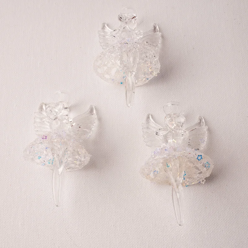 Christmas Handmade Decorations 3" Angels With White Glitter Ornament Set Of 12