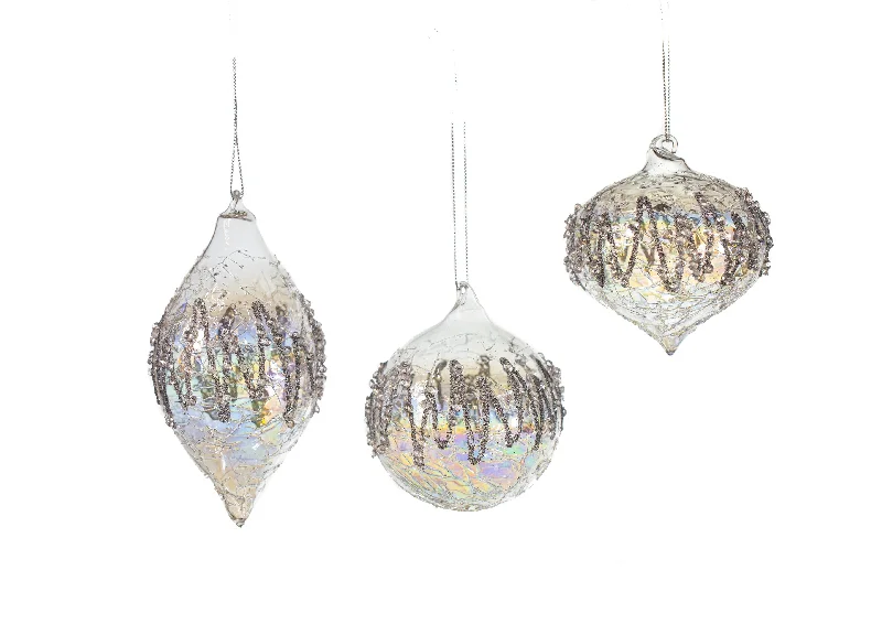 Christmas Pine Garland 3" Iridescent Glass With Silver Glitter Assorted Set Of 12