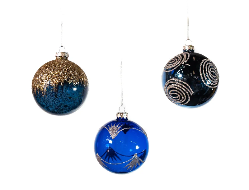 Christmas Sparkling Lights 3" Midnight Blue Assorted Ornament Set Of 12