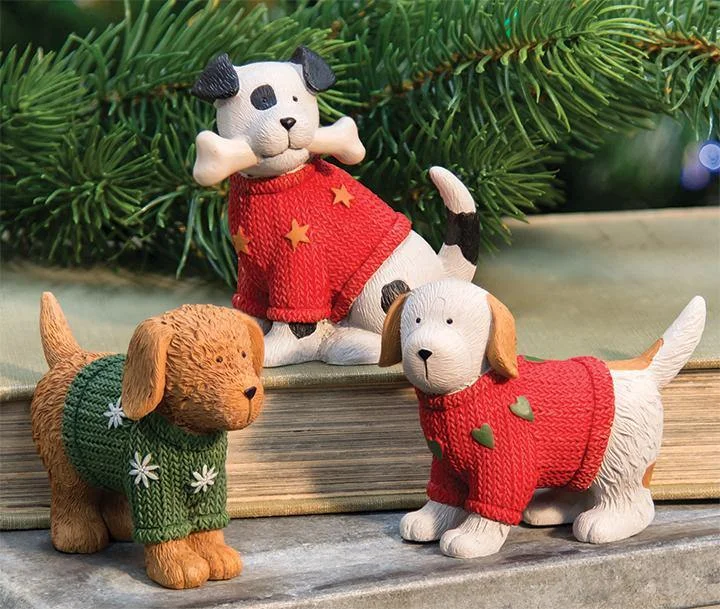 Christmas Yule Log 3/Set, Resin Dogs in Christmas Sweaters