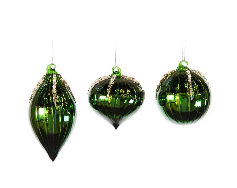 Christmas Winter Wonderland 3" Shiny Green Glass Assorted Ornament Set Of 12