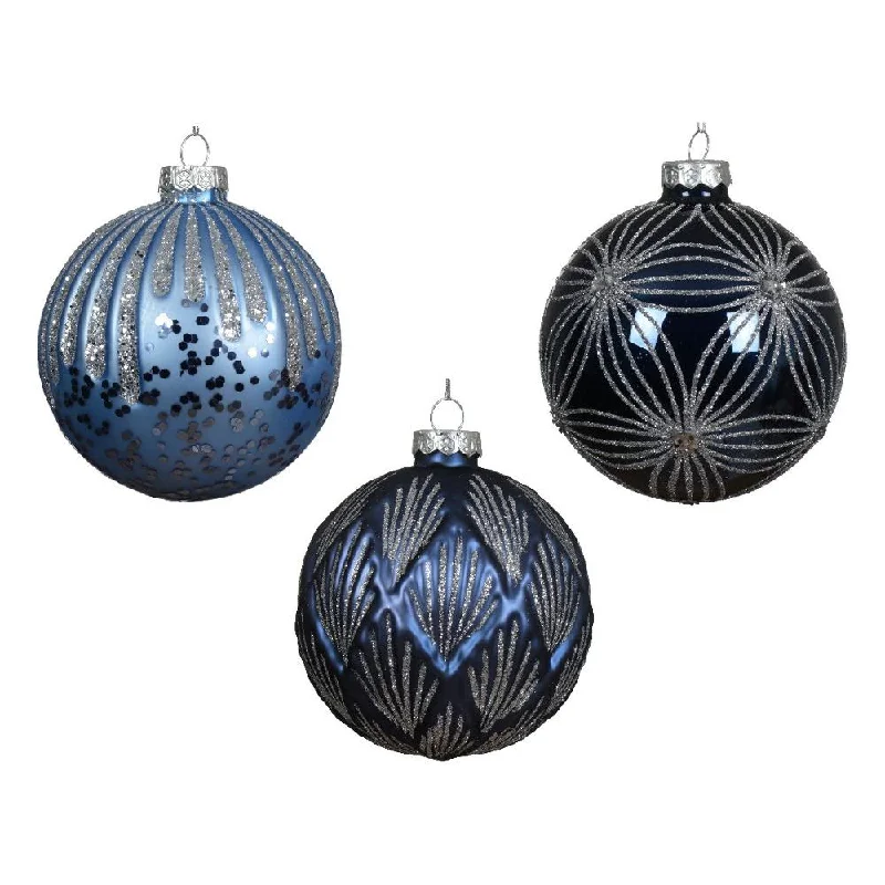 Christmas Wrapped Gifts 4" Blue Glitter Glass Ornament Set Of 12