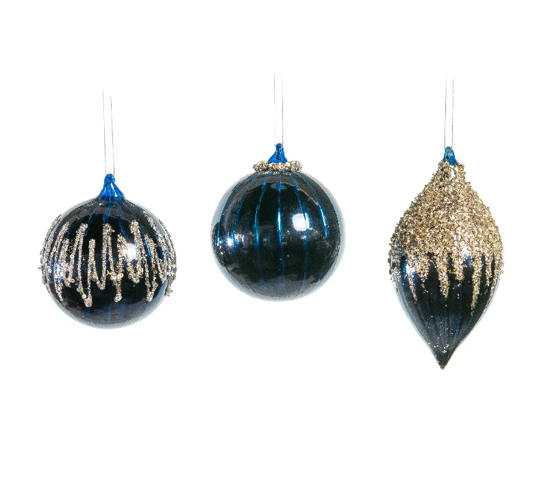 Christmas Holiday Excitement 4" Blue Shiny Beaded Ornament Assorted Set Of 12