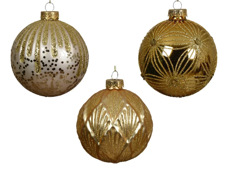 Christmas Frosty Weather 4" Gold Glitter Glass Ornament Set Of 12